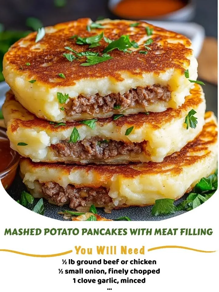 Mashed potato pancakes filled with flavorful meat, ready to be served.