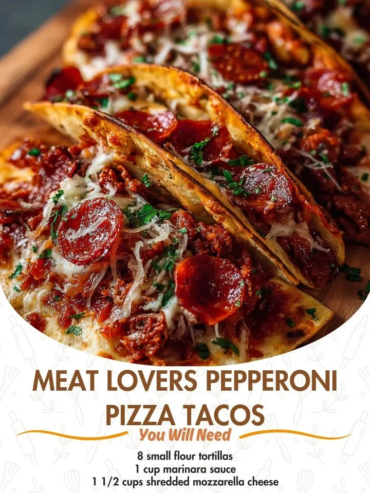 Delicious meat lovers pepperoni pizza tacos topped with fresh ingredients
