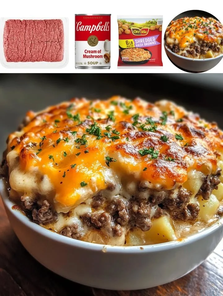 Delicious Meat & Potato Casserole baked with tender meat and fluffy potatoes