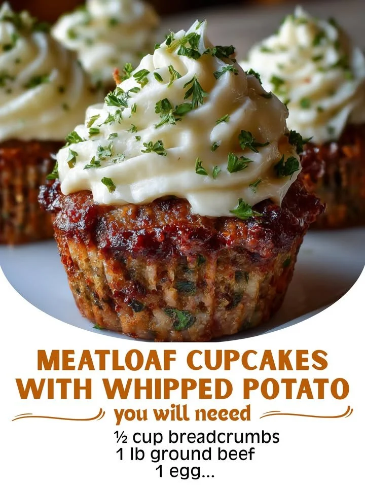 Delicious Meatloaf Cupcakes topped with creamy whipped potatoes on a plate.