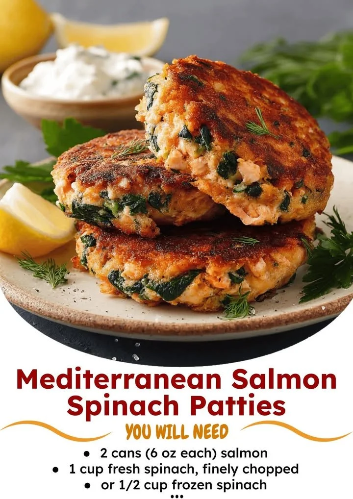 Mediterranean Salmon Spinach Patties served on a plate with fresh vegetables