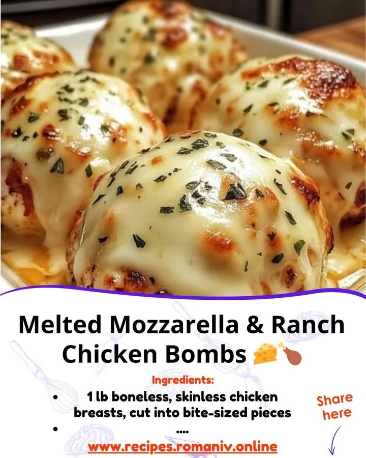 Melted mozzarella chicken bombs with ranch dressing served on a plate.
