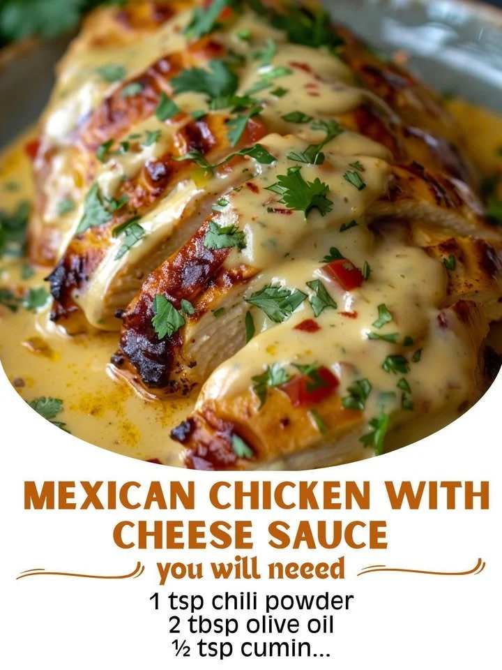 Delicious Mexican Chicken with creamy cheese sauce served on a plate