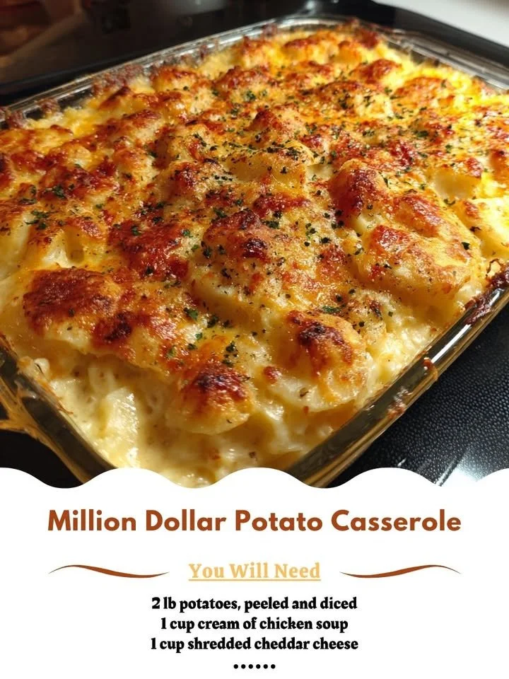Delicious Million Dollar Potato Casserole topped with cheese and herbs