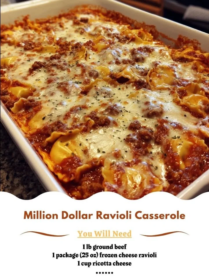 Delicious Million Dollar Ravioli Casserole served in a baking dish.