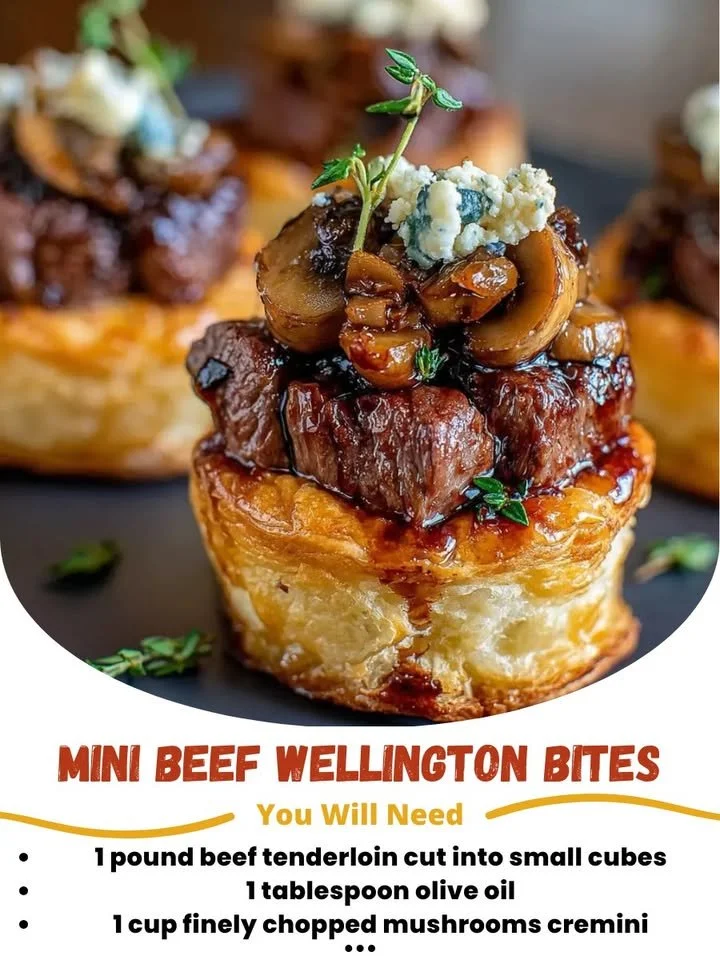 Mini Beef Wellington Bites served on a platter with garnishes