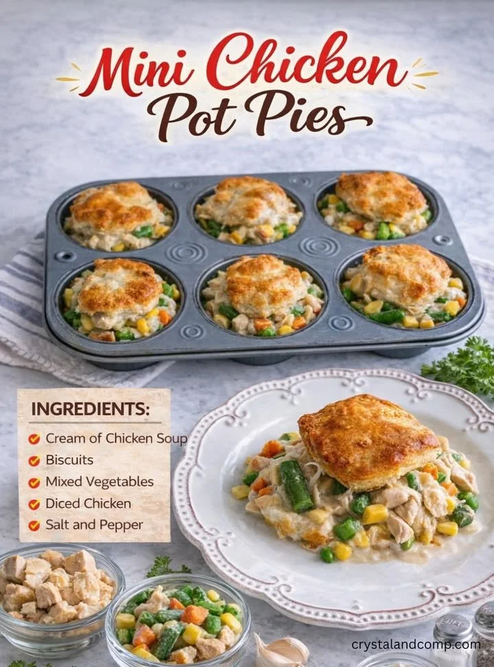 Delicious mini chicken pot pies served on a rustic wooden table