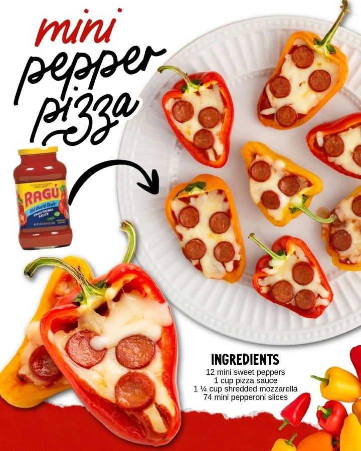 Mini pepper pizzas topped with colorful bell peppers and melted cheese
