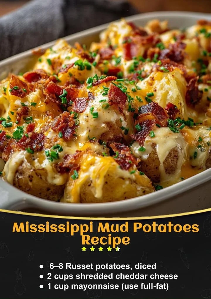 Delicious Mississippi Mud Potatoes served on a plate with garnishing.