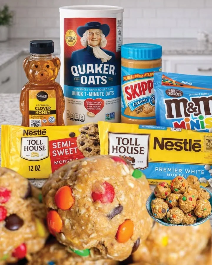 Delicious Monster Cookie Balls topped with chocolate chips and M&Ms