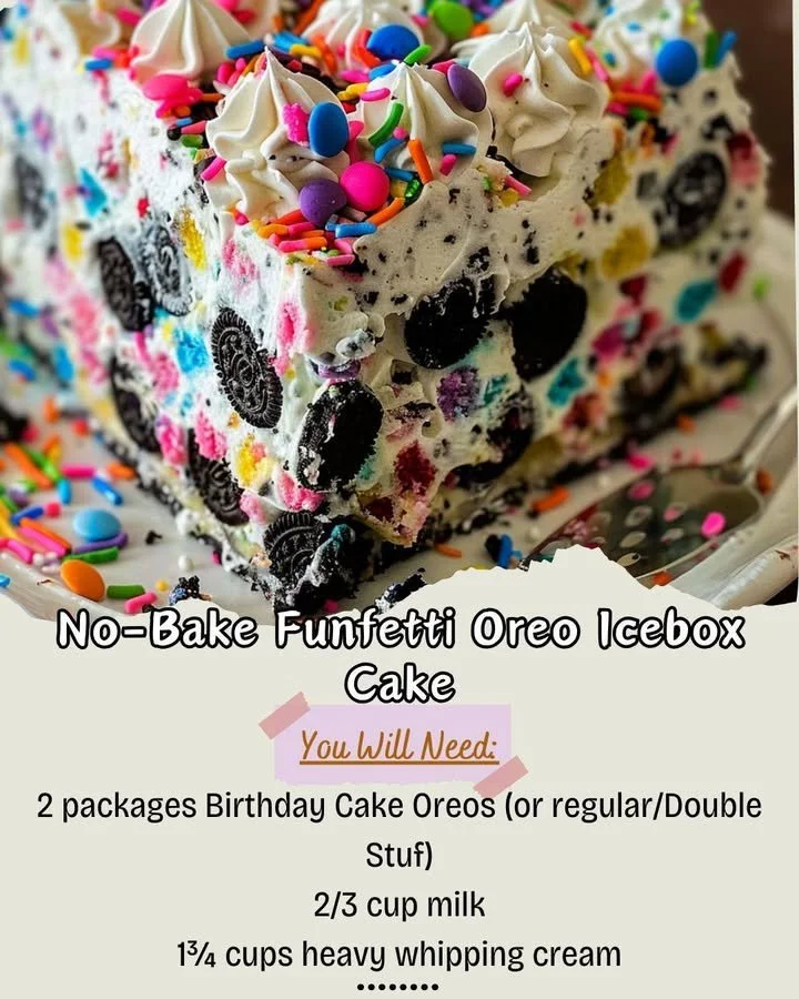 No-Bake Funfetti Oreo Icebox Cake with colorful sprinkles and creamy layers
