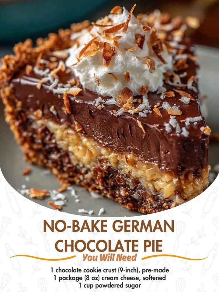 No-Bake German Chocolate Pie with chocolate topping and coconut flakes
