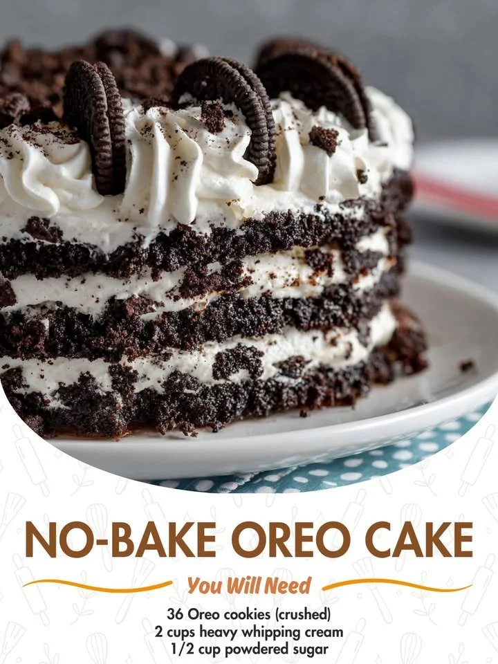 No-Bake Oreo Cake topped with chocolate and crushed Oreos
