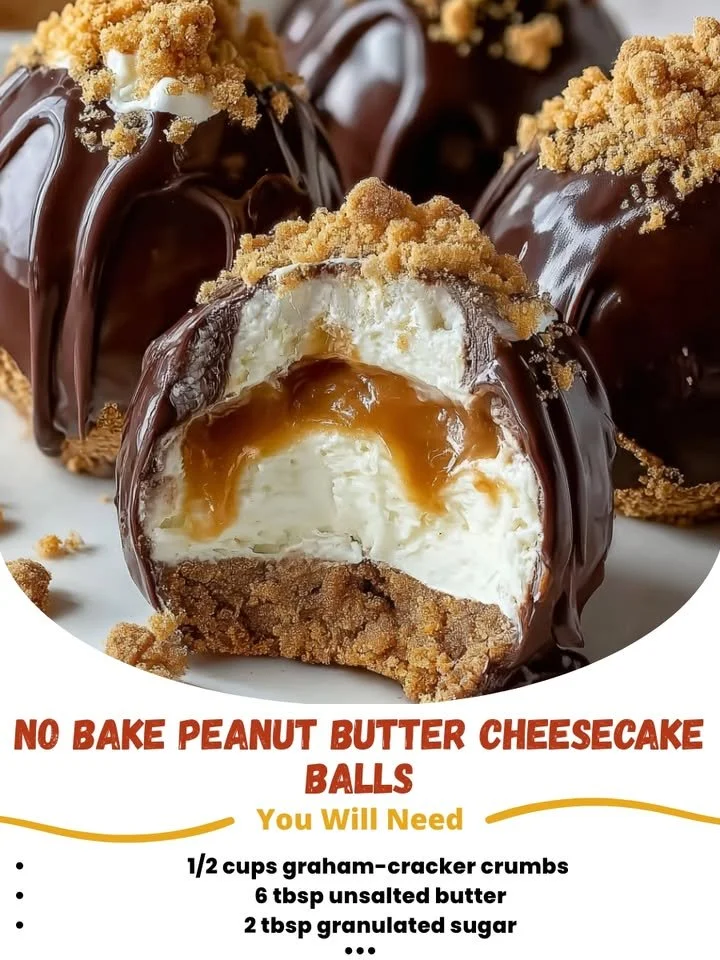 No bake peanut butter cheesecake balls on a plate with peanut crumbs
