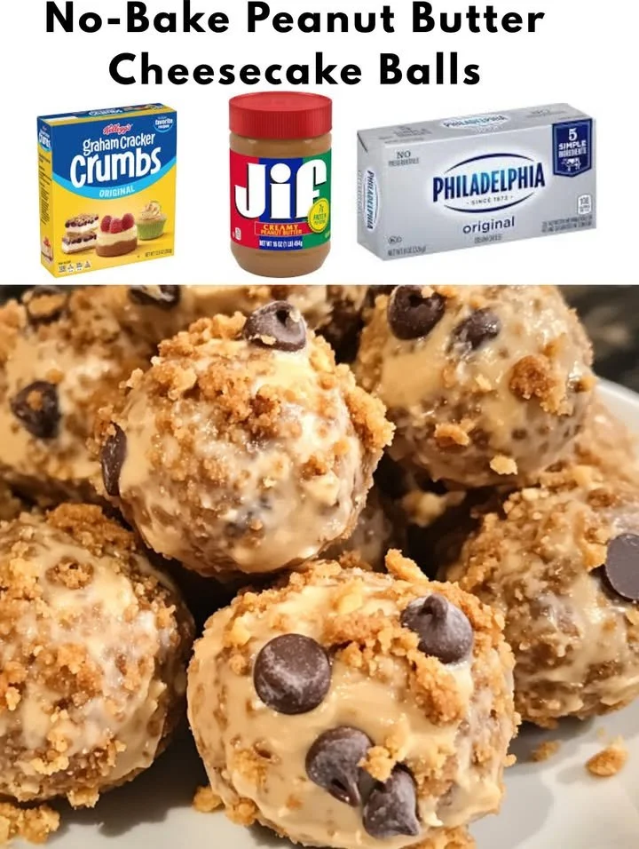 No-Bake Peanut Butter Cheesecake Balls plated with drizzled chocolate sauce