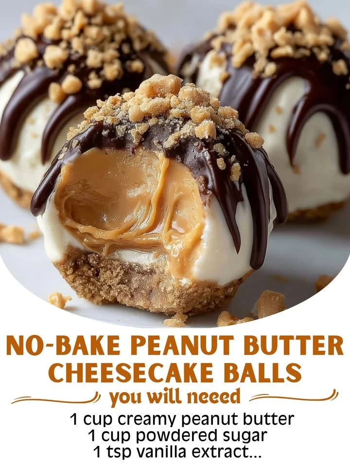 No-bake peanut butter cheesecake balls on a decorative plate.