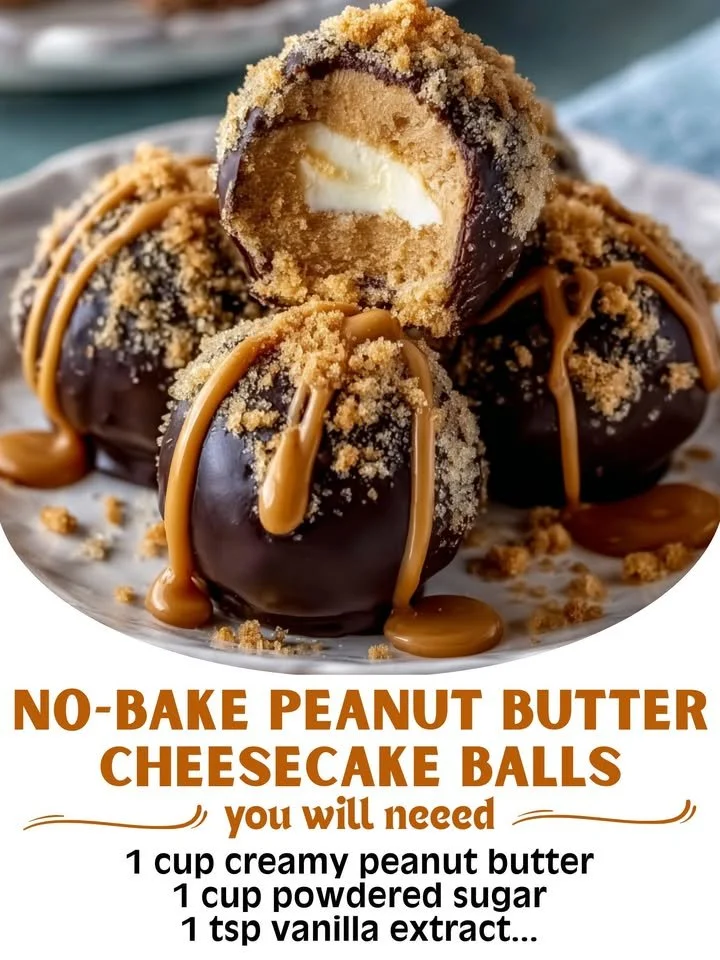 No-bake peanut butter cheesecake balls ready to serve on a plate.