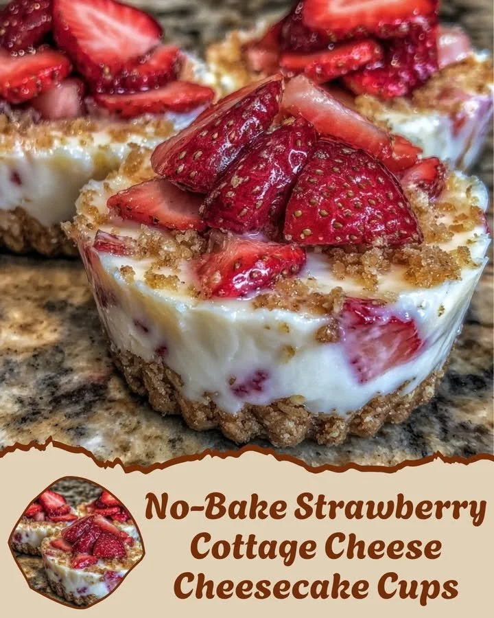 No-bake strawberry cheesecake cups with cottage cheese topped with fresh strawberries