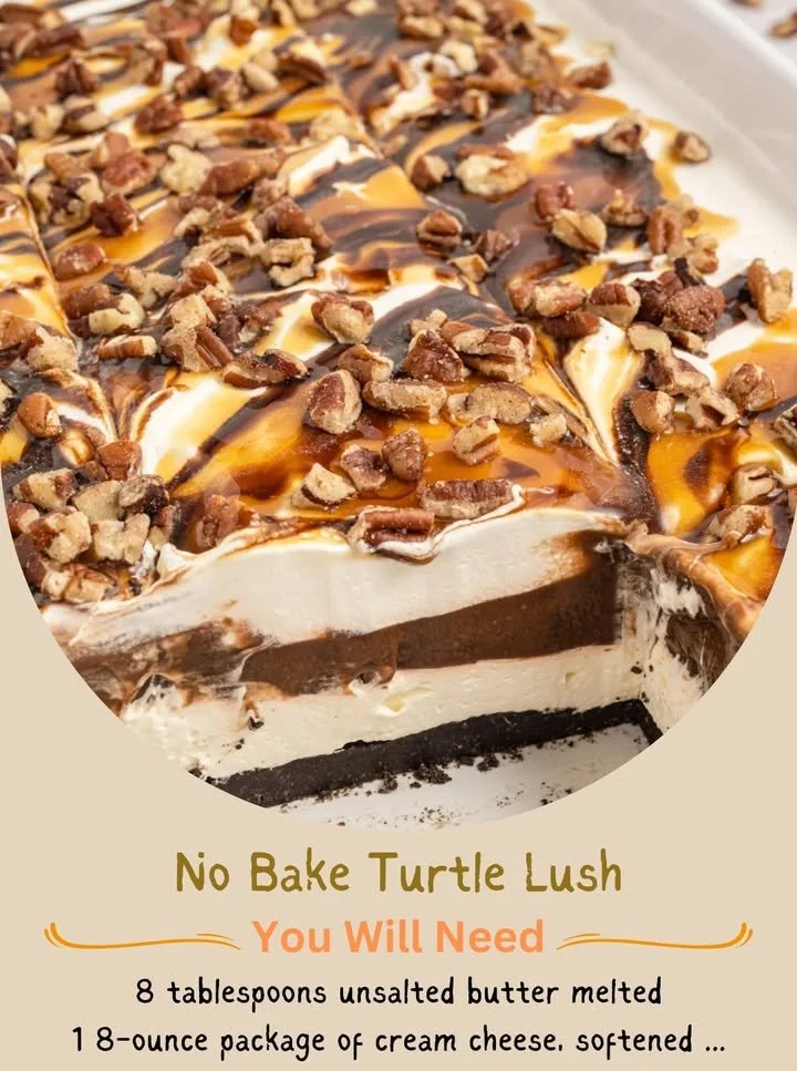 A delicious No Bake Turtle Lush dessert with chocolate, caramel, and whipped cream.