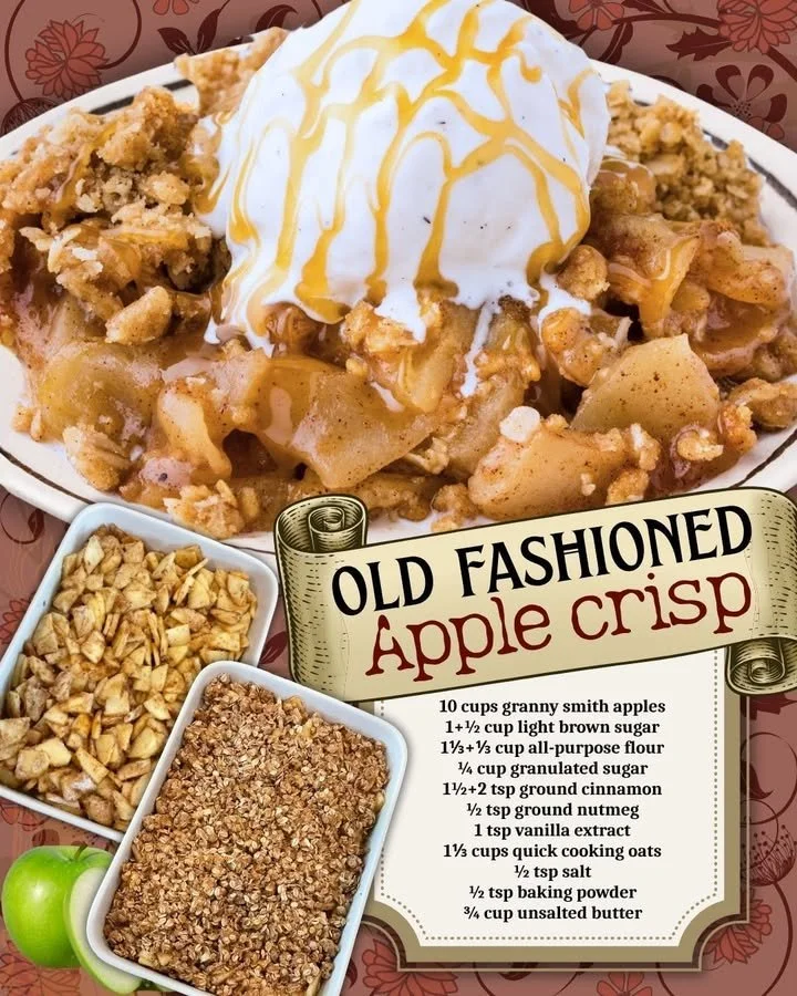 Delicious old-fashioned apple crisp topped with golden oat crumble