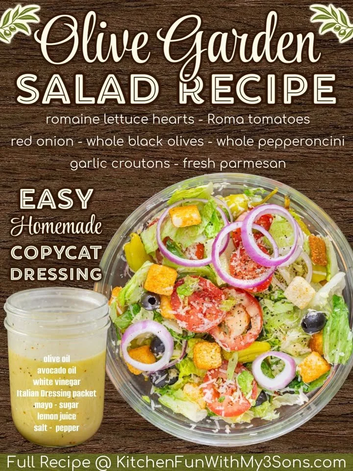 A bowl of fresh Olive Garden Salad with greens, olives, and dressing