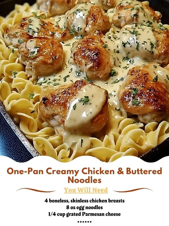 One-Pan Creamy Chicken served with Buttered Noodles in a skillet