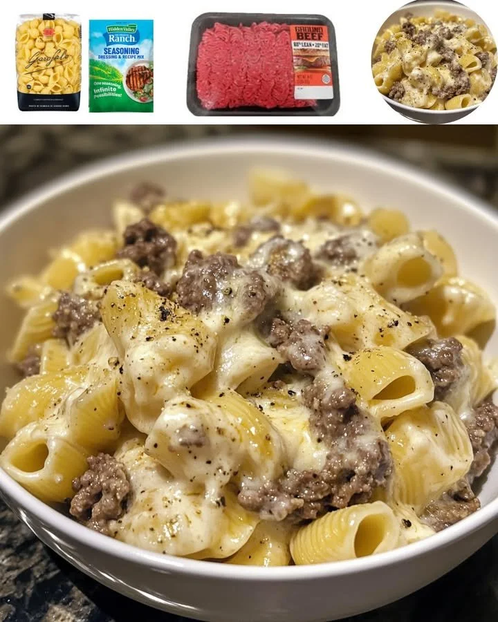 Delicious One-Pot Beef and Cheddar Ranch Pasta in a serving bowl