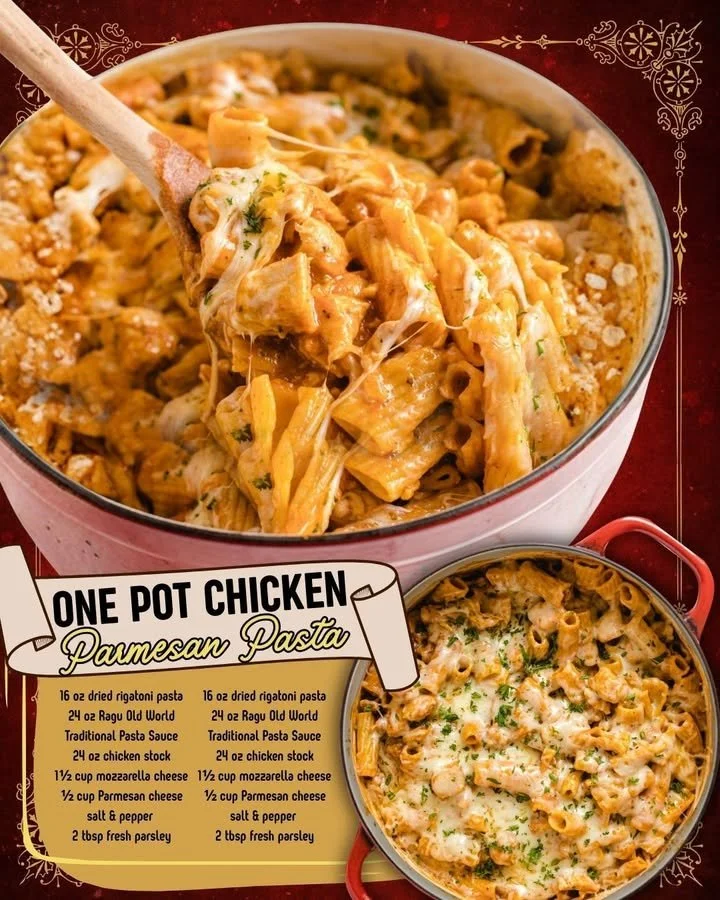 One Pot Chicken Parmesan Pasta served in a bowl with cheese and herbs.