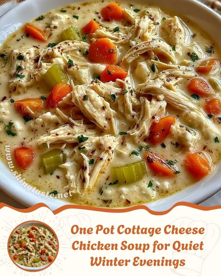 Bowl of One Pot Cottage Cheese Chicken Soup garnished with fresh herbs