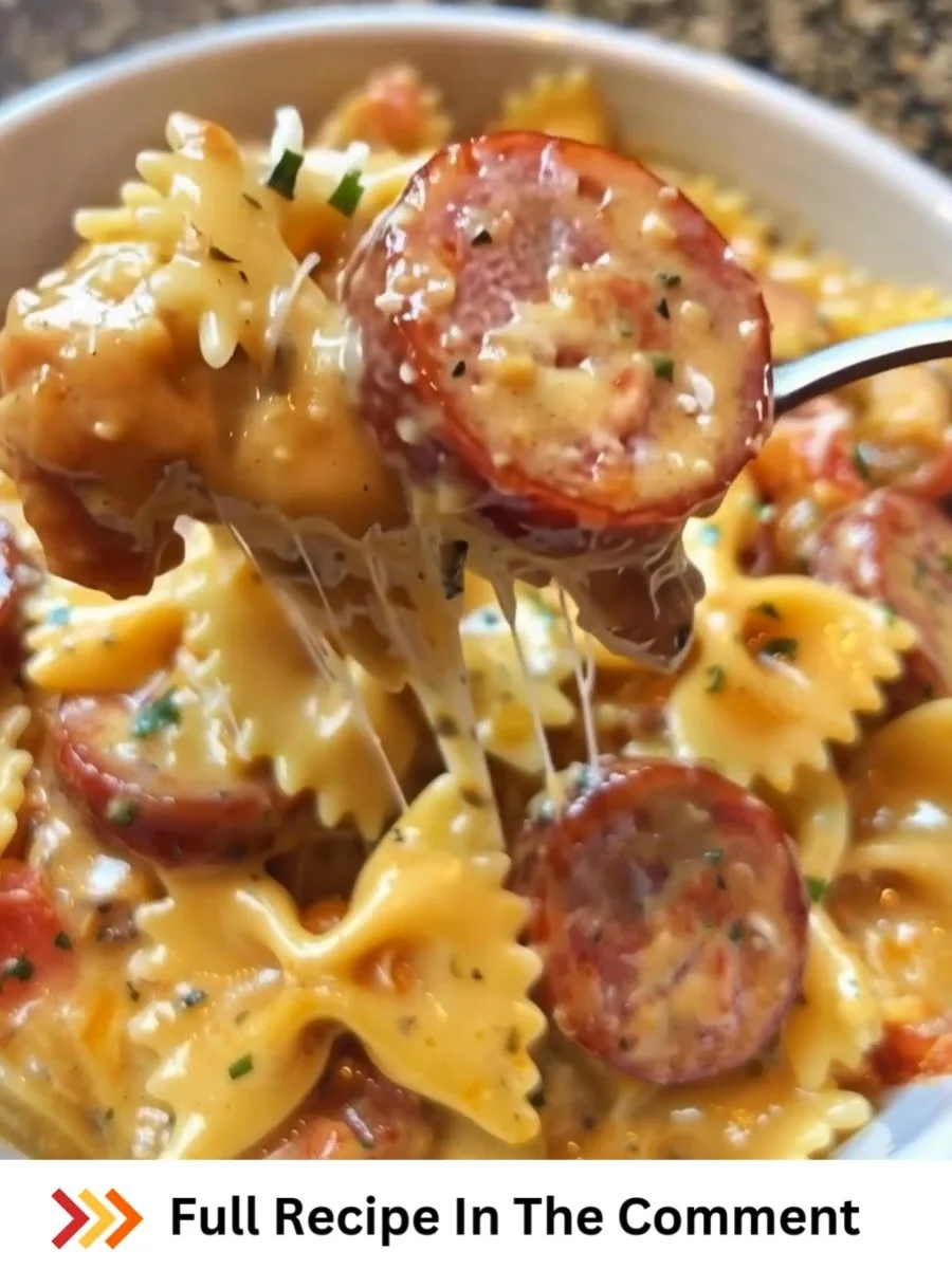 One-pot smoked sausage pasta served in a bowl with fresh herbs and spices.