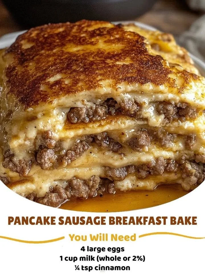 Pancake sausage breakfast bake served in a baking dish, ideal for morning meals.
