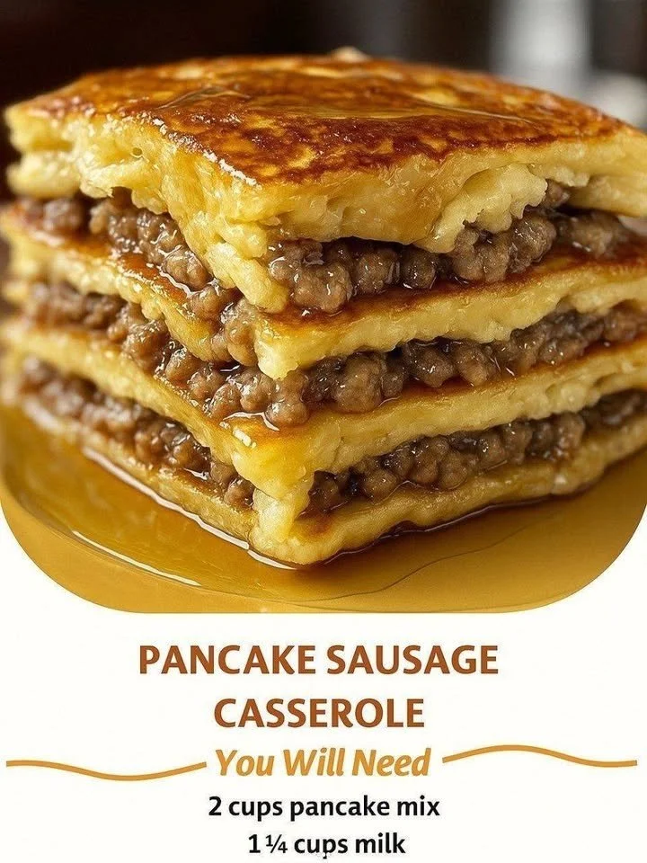 Delicious pancake sausage casserole served in a baking dish with slices cut.