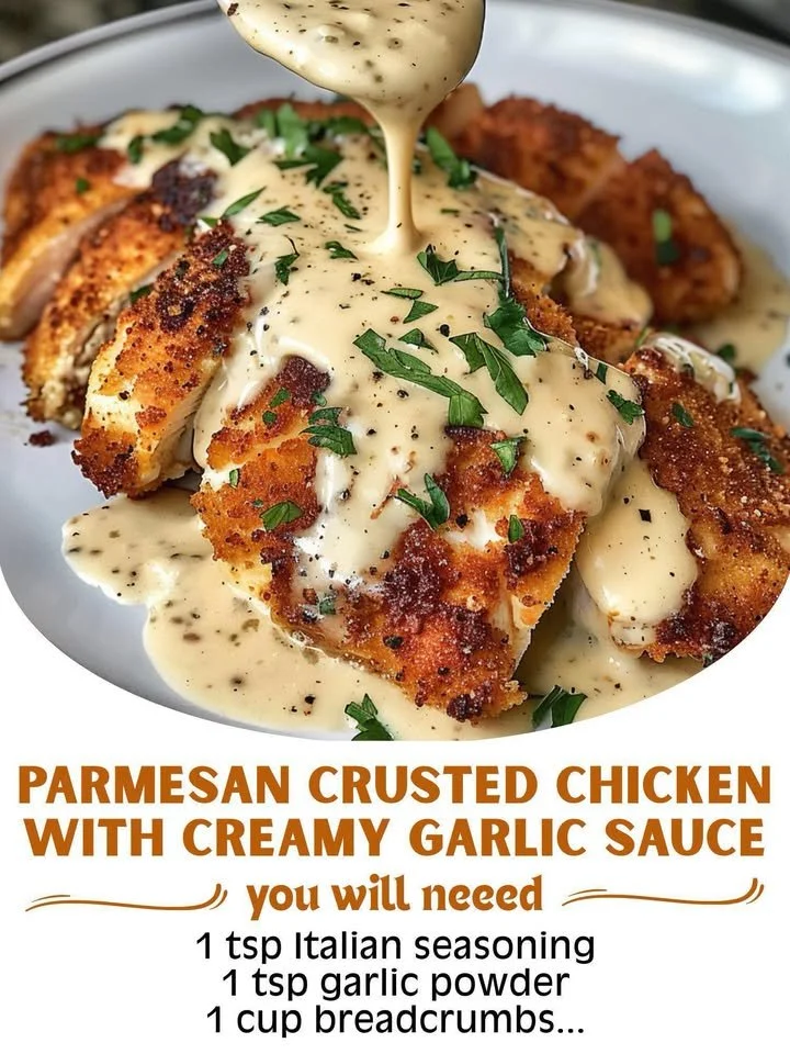 Delicious Parmesan Crusted Chicken served with creamy garlic sauce