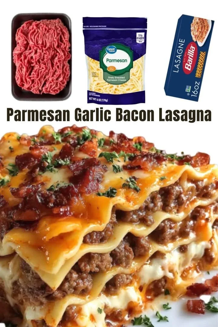 Delicious Parmesan Garlic Bacon Lasagna with layers of cheese and crispy bacon