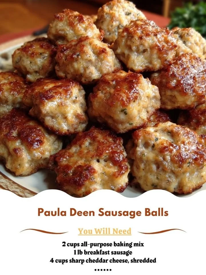 Plate of Paula Deen sausage balls, golden brown and delicious appetizer.