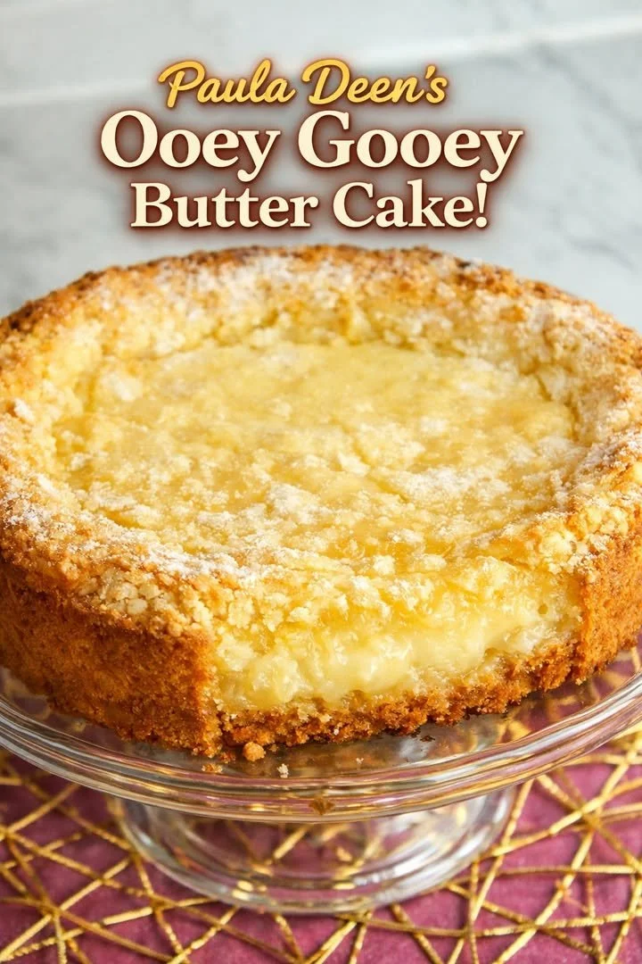 Paula Deen's ooey gooey butter cake served on a plate, showcasing its rich texture.