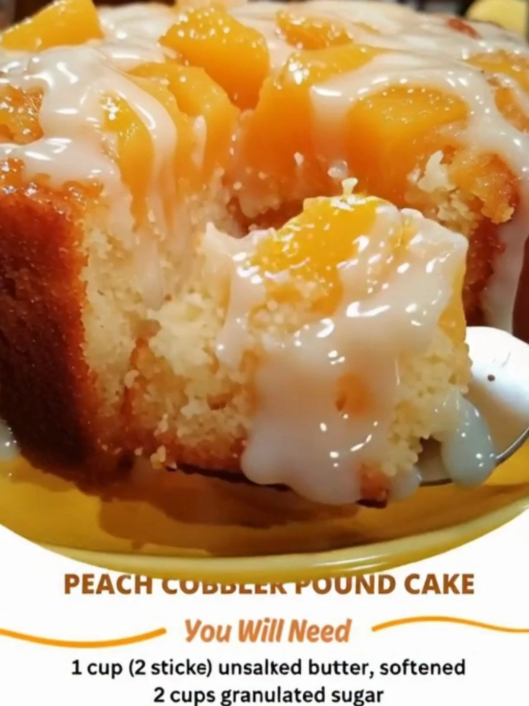Delicious Peach Cobbler Pound Cake served on a white plate with fresh peaches.