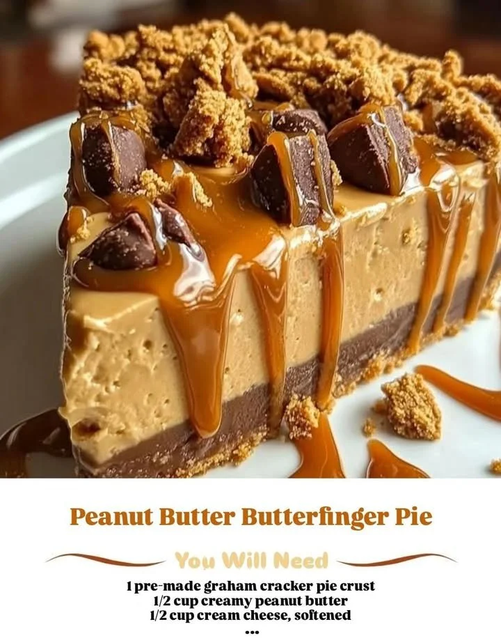 Delicious Peanut Butter Butterfinger Pie with a rich, creamy filling