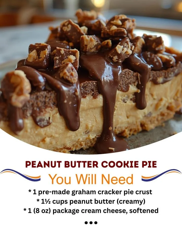Delicious Peanut Butter Cookie Pie topped with chocolate and peanuts