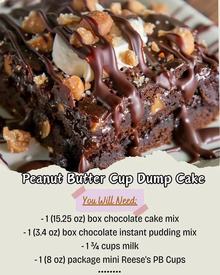 Delicious Peanut Butter Cup Dump Cake topped with peanut butter cups and chocolate sauce