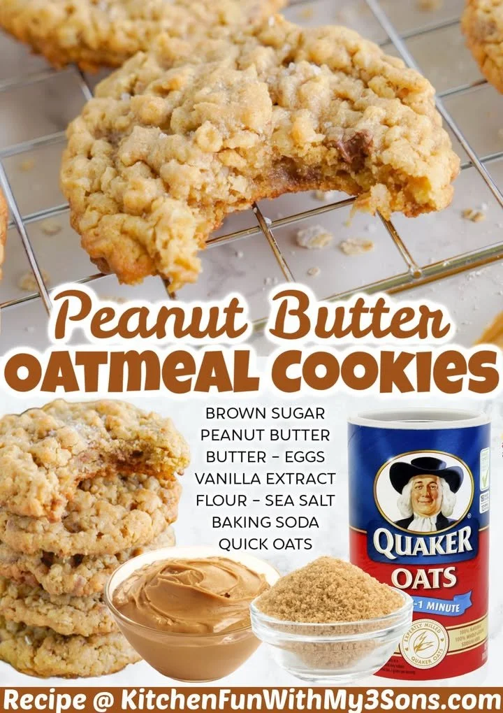 Delicious peanut butter oatmeal cookies on a wooden table