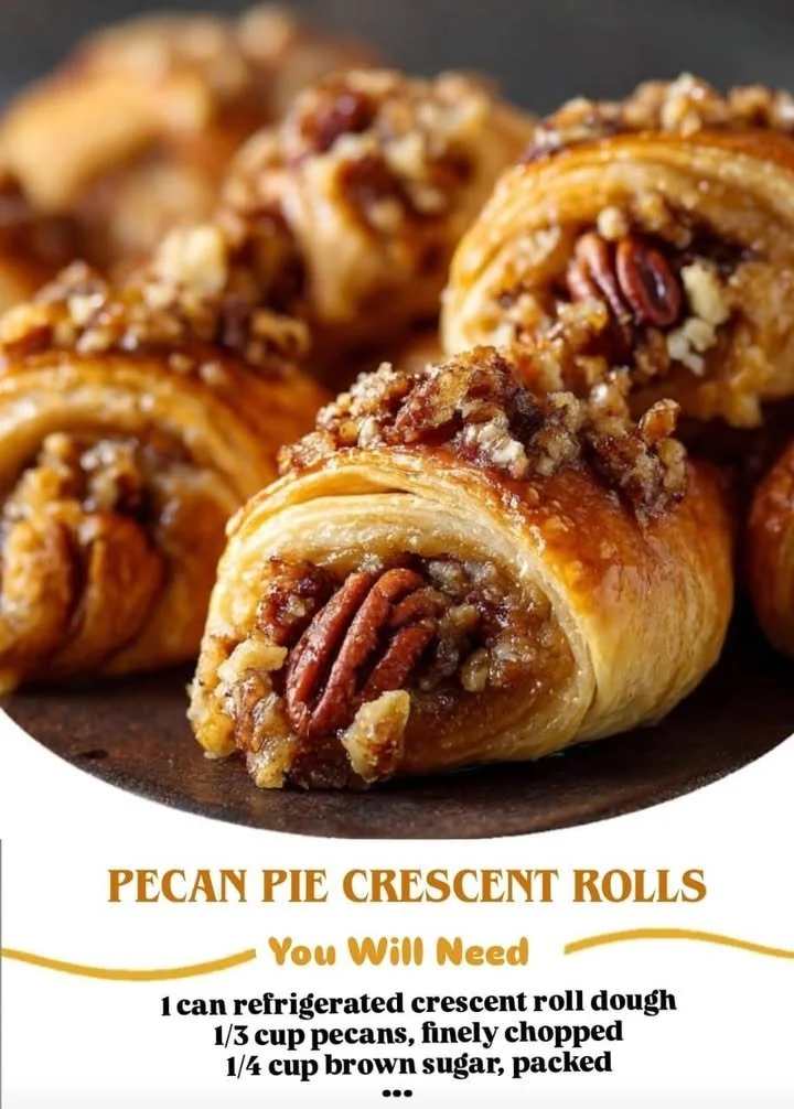 Pecan pie crescent rolls fresh out of the oven, drizzled with caramel.