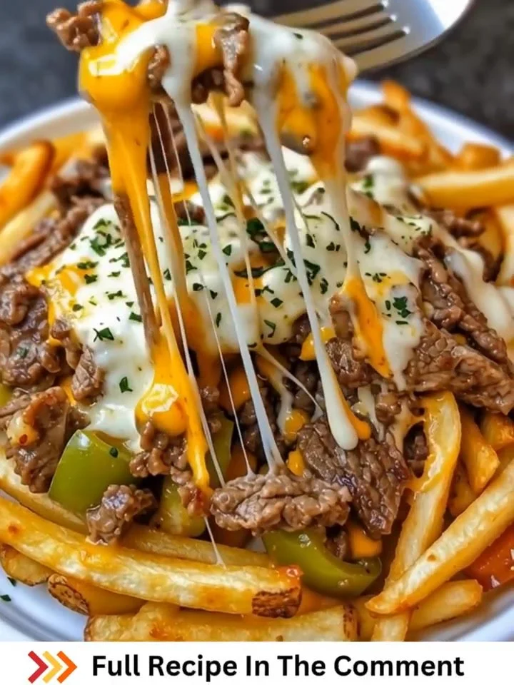 Delicious Philly Steak Cheese Fries topped with steak and melted cheese