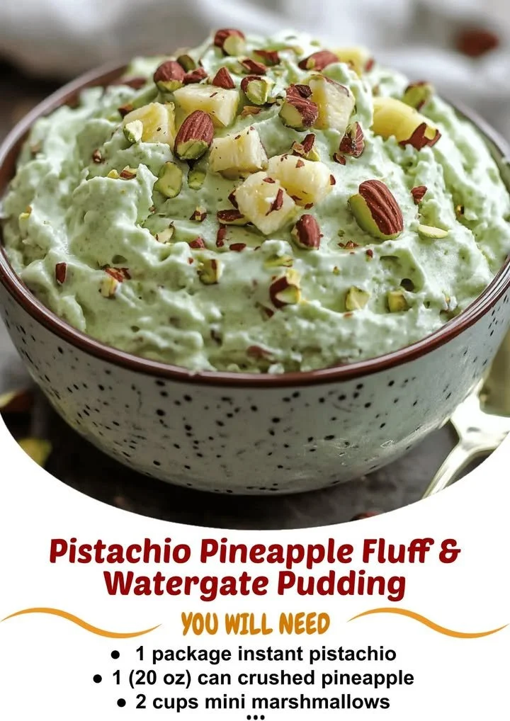 Delicious Pistachio Pineapple Fluff dessert served in a bowl.