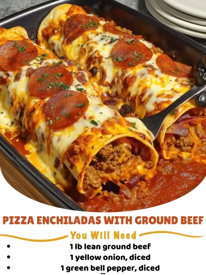 Delicious Pizza Enchiladas topped with ground beef and melted cheese