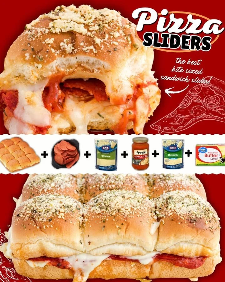 Tasty pizza sliders served on a wooden board with toppings