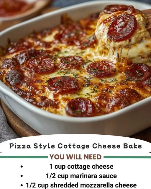 Pizza Style Cottage Cheese Bake dish topped with cheese and vegetables