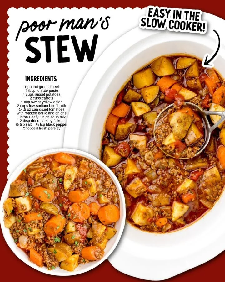 Bowl of Poor Man's Stew with vegetables and meat