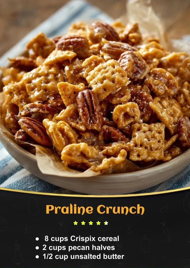 Delicious praline crunch dessert with nuts and caramel topping