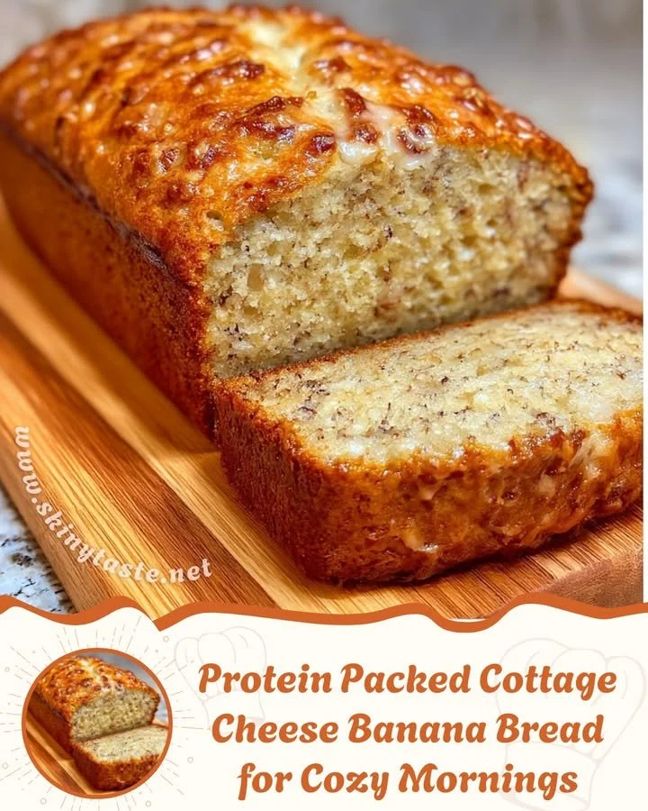 Loaf of protein packed cottage cheese banana bread on a wooden table